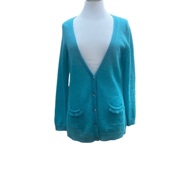 Boden Teal Mohair Blend  Knit V-Neck Cardigan Sweater - US Women's Size 10 - Picture 9 of 14